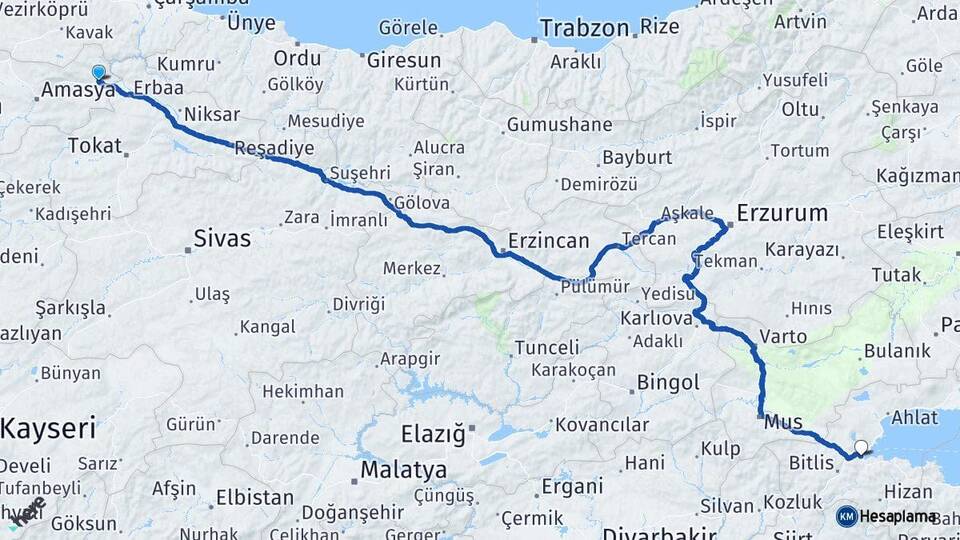 Amasya Taşova Tatvan Bitlis Arası Kaç Km - Yol Haritası