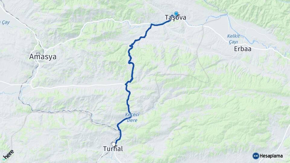 Amasya Taşova Turhal Tokat Arası Kaç Km - Yol Haritası