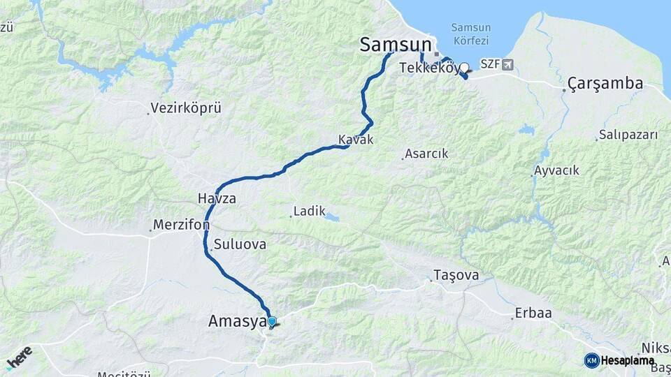 Amasya Tekkeköy Samsun Arası Kaç Km - Yol Haritası
