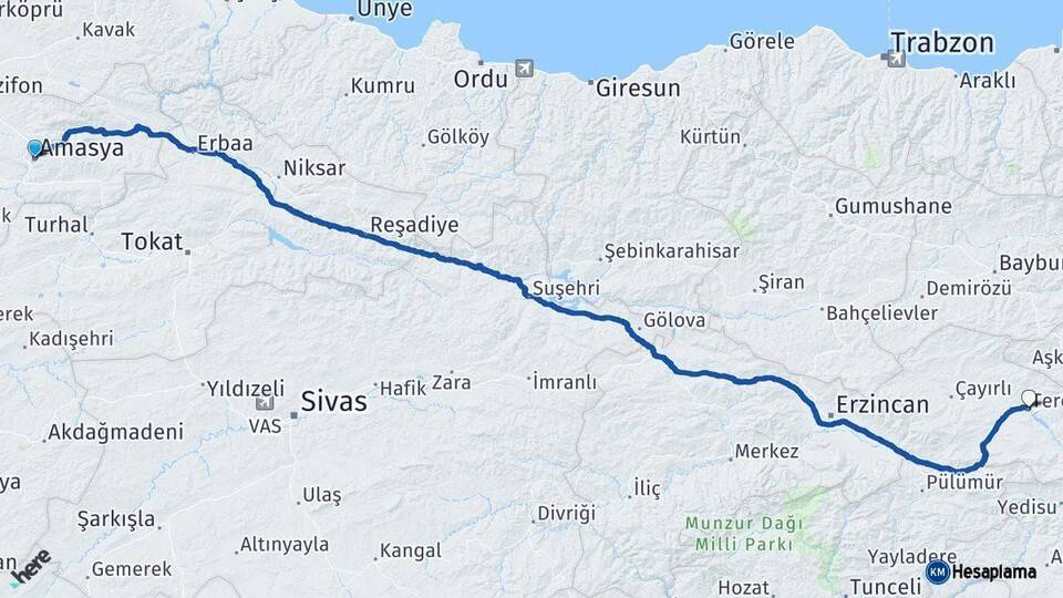 Amasya Tercan Erzincan Arası Kaç Km - Yol Haritası