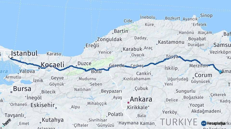 Amasya Üsküdar İstanbul Arası Kaç Km - Yol Haritası