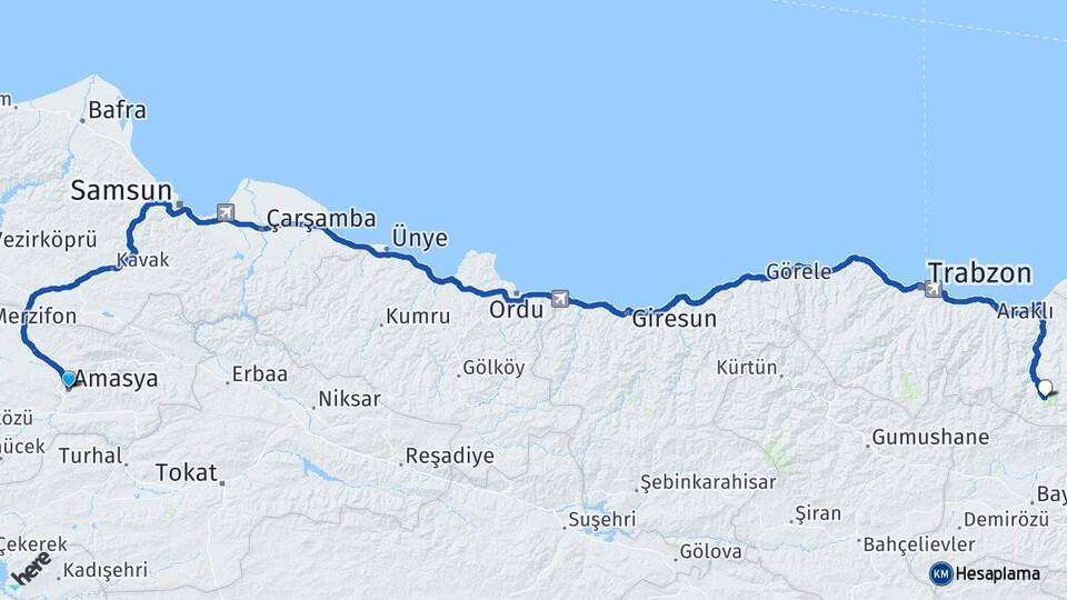 Amasya Uzungöl Çaykara Trabzon Arası Kaç Km - Yol Haritası
