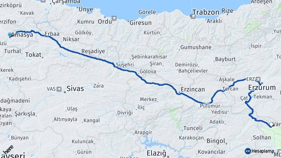 Amasya Varto Muş Arası Kaç Km - Yol Haritası