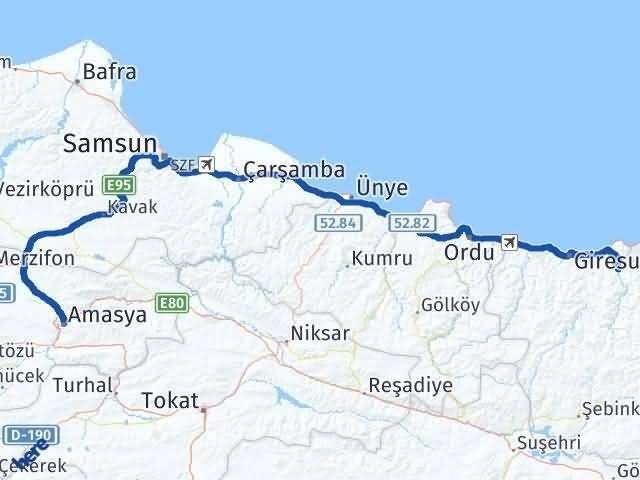 Amasya Yağlıdere Giresun Arası Kaç Km - Yol Haritası