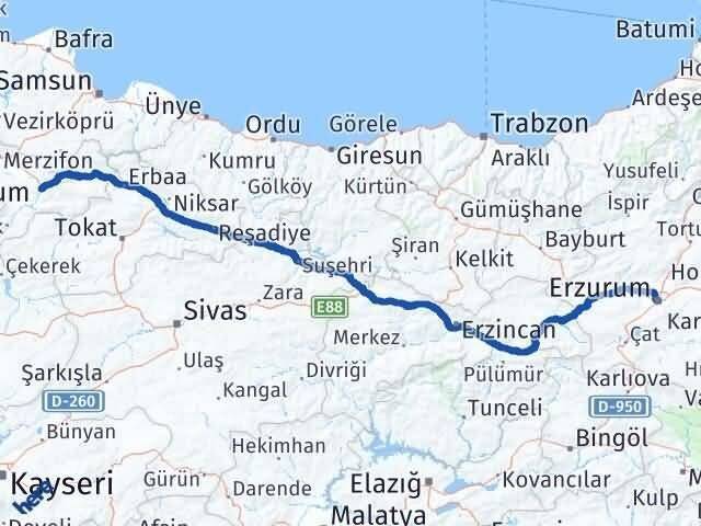 Amasya Yakutiye Erzurum Arası Kaç Km - Yol Haritası