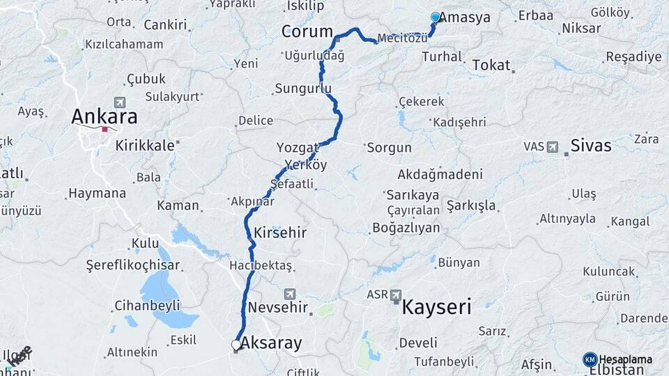 Amasya Yassıçal Arası Kaç Km - Yol Haritası
