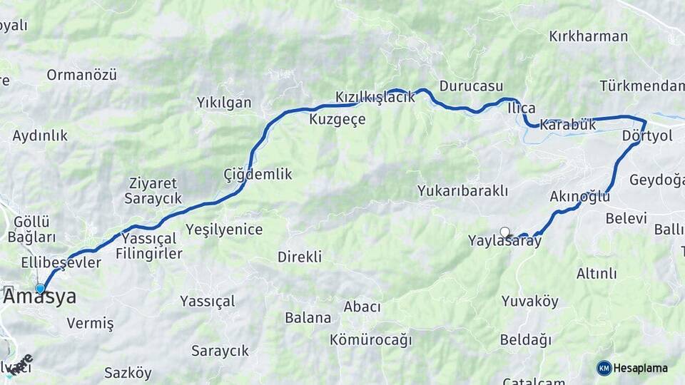 Amasya Yaylasaray Taşova Arası Kaç Km - Yol Haritası