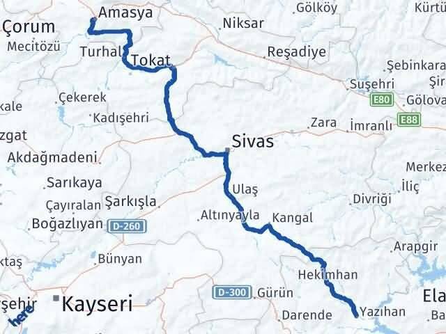 Amasya Yazıhan Malatya Arası Kaç Km - Yol Haritası