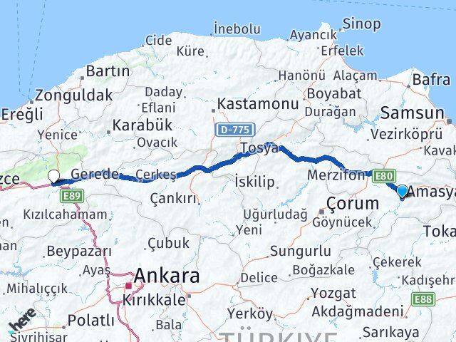 Amasya Yeniçağa Bolu Arası Kaç Km - Yol Haritası