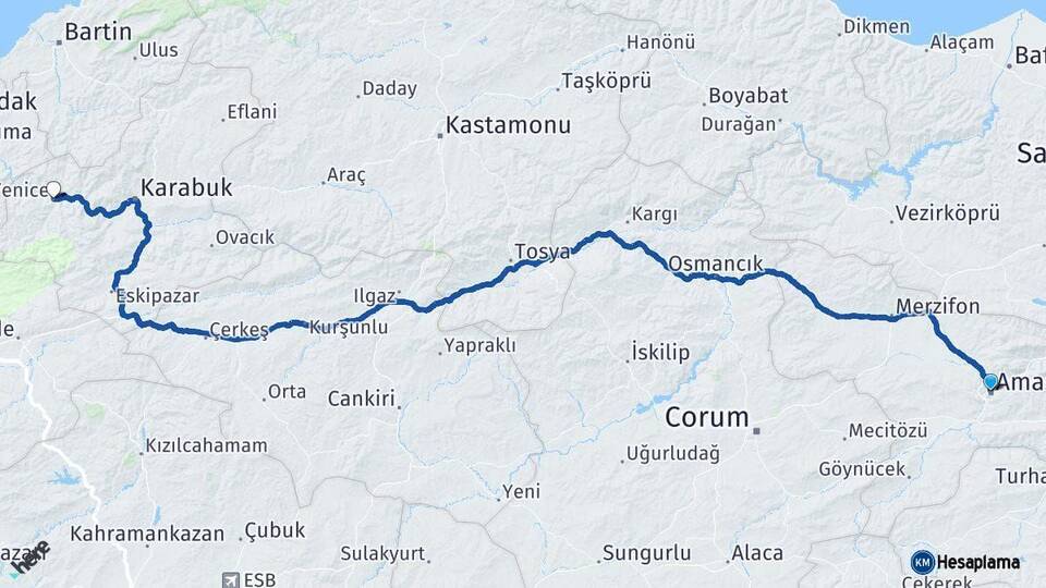 Amasya Yenice Karabük Arası Kaç Km - Yol Haritası