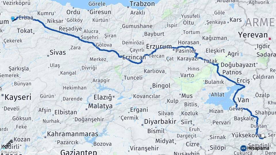 Amasya Yüksekova Hakkari Arası Kaç Km - Yol Haritası