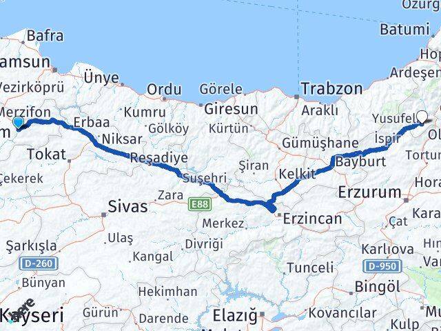 Amasya Yusufeli Artvin Arası Kaç Km - Yol Haritası