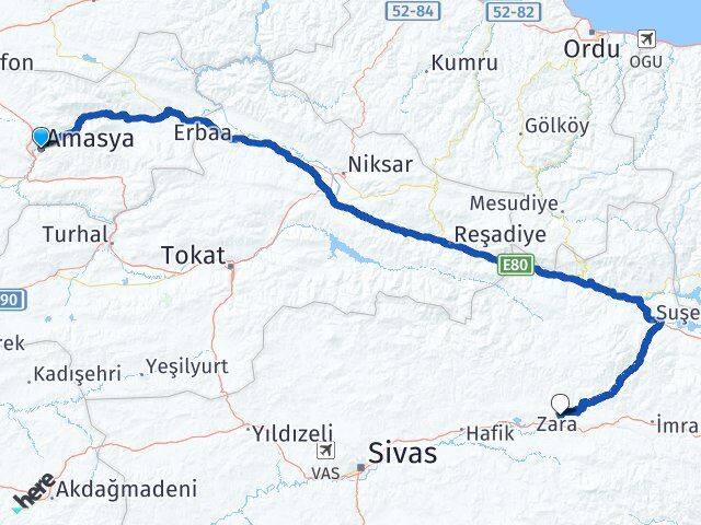 Amasya Zara Sivas Arası Kaç Km - Yol Haritası