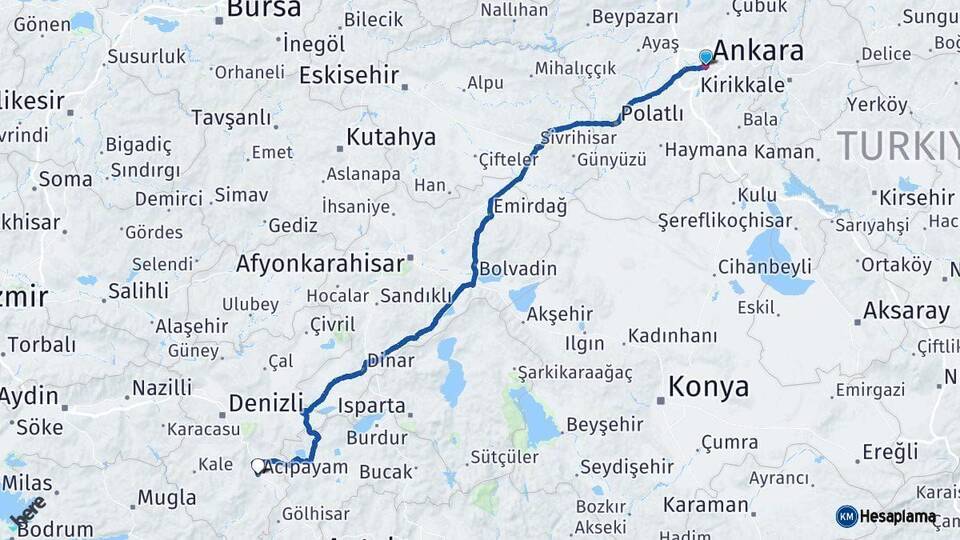 Ankara Acıpayam Denizli Arası Kaç Km - Yol Haritası
