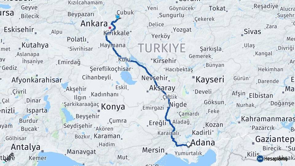 Ankara Akyurt Adana Arası Kaç Km - Yol Haritası