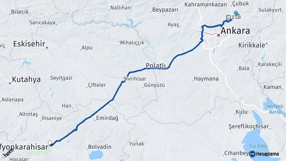 Ankara Akyurt Afyonkarahisar Arası Kaç Km - Yol Haritası