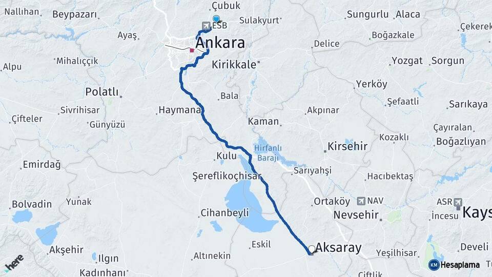 Ankara Akyurt Aksaray Arası Kaç Km - Yol Haritası