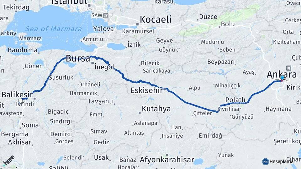 Ankara Altıeylül Balıkesir Arası Kaç Km - Yol Haritası
