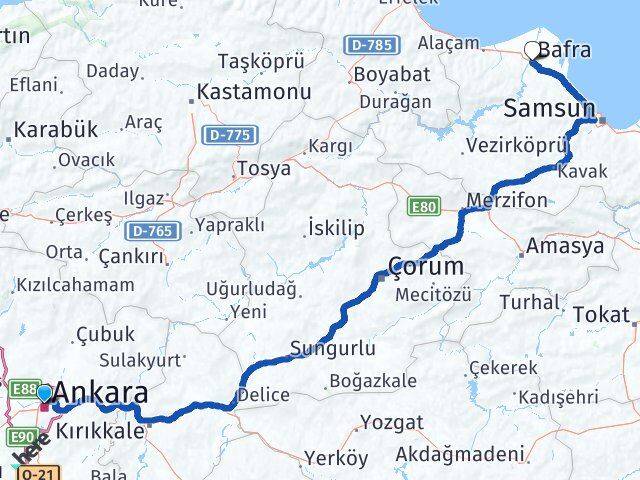 Ankara Altındağ Bafra Samsun Arası Kaç Saat? Yol Haritası, Yakıt, Rota ve Mesafe Hesaplama Ankara Altındağ Bafra Samsun Arası Kaç Km? Kaç Saat? Yol Haritası