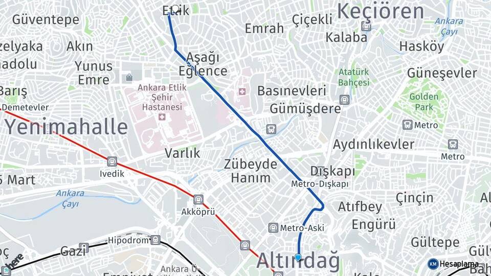 Ankara Altındağ Etlik Keçiören Arası Kaç Km - Yol Haritası
