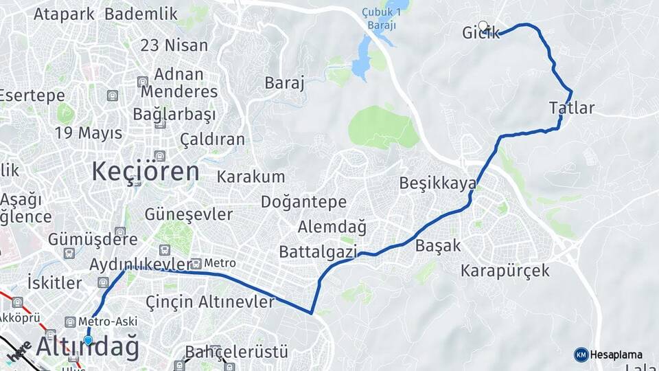 Ankara Altındağ Gicik Altındağ Arası Kaç Km - Yol Haritası