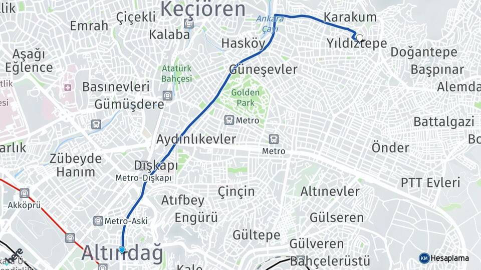 Ankara Altındağ Yıldıztepe Altındağ Arası Kaç Km - Yol Haritası