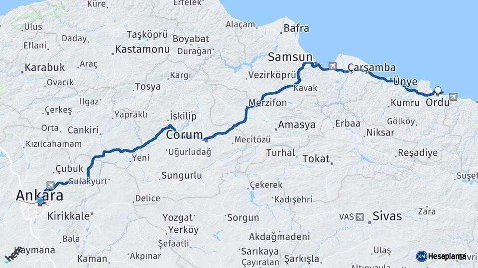 Ankara Altınordu Arası Kaç Km - Yol Haritası