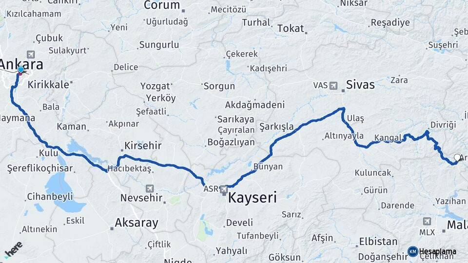 Ankara Arapgir Malatya Arası Kaç Km - Yol Haritası