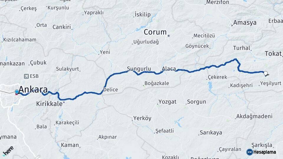 Ankara Artova Tokat Arası Kaç Km - Yol Haritası