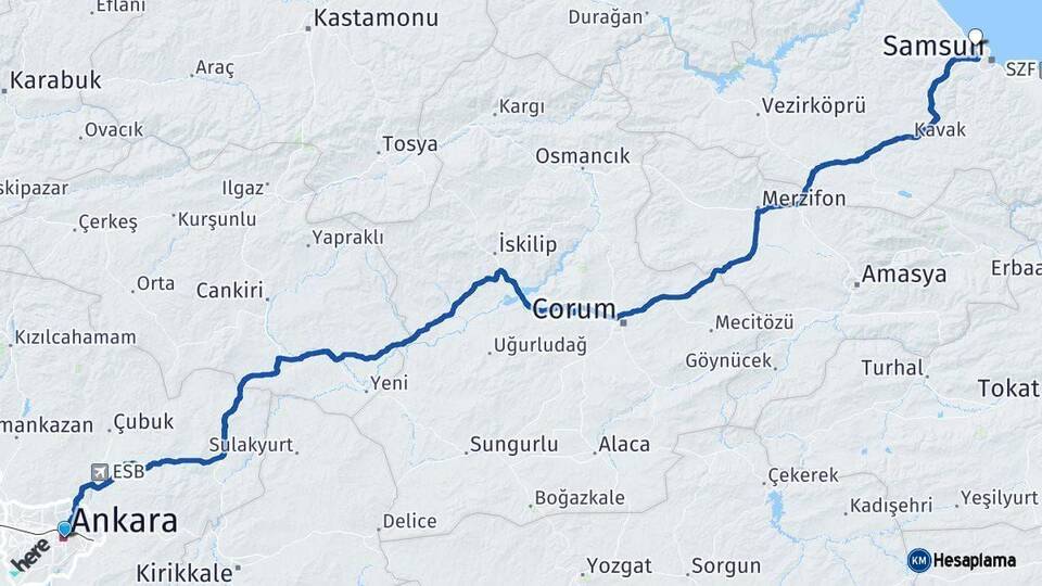 Ankara Atakum Samsun Arası Kaç Km - Yol Haritası