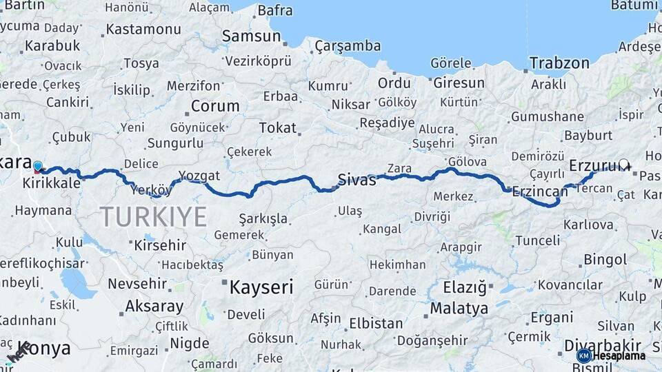 Ankara Aziziye Erzurum Arası Kaç Km - Yol Haritası