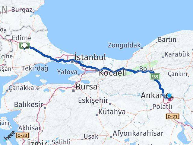 Ankara Babaeski Kırklareli Arası Kaç Km - Yol Haritası