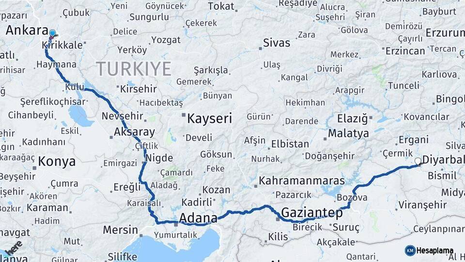 Ankara Bağlar Diyarbakır Arası Kaç Km - Yol Haritası
