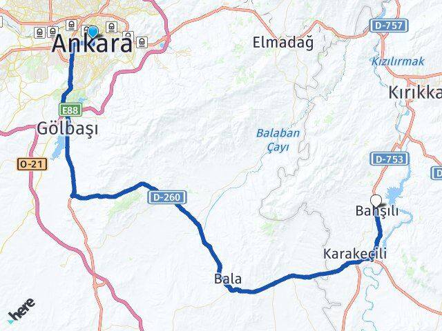 Ankara Bahşili Kırıkkale Arası Kaç Km - Yol Haritası