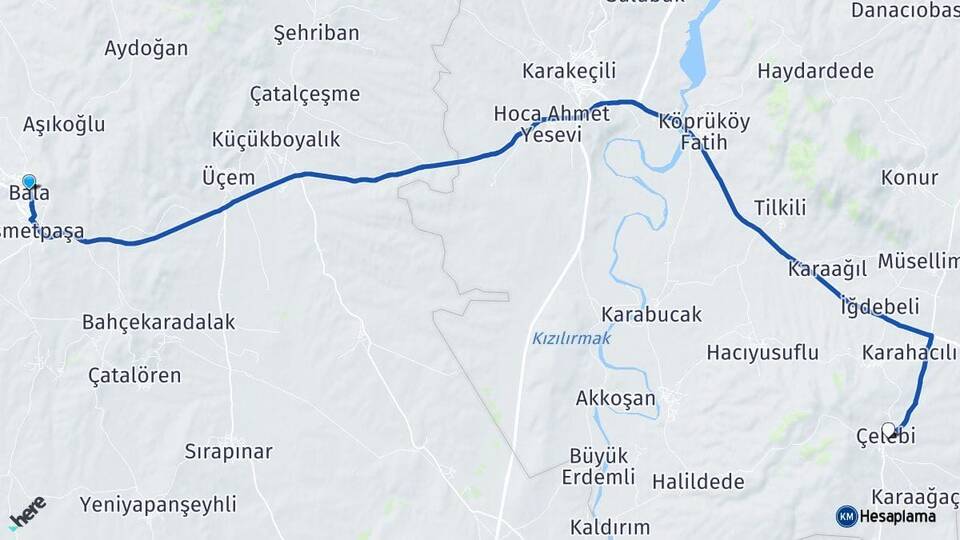Ankara Bala Çelebi Kırıkkale Arası Kaç Km - Yol Haritası
