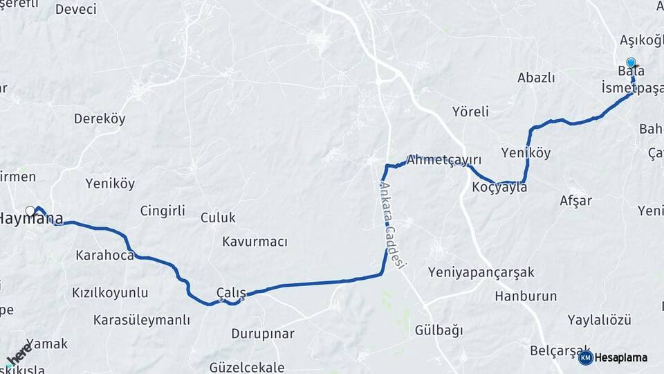 Ankara Bala Haymana Arası Kaç Km - Yol Haritası