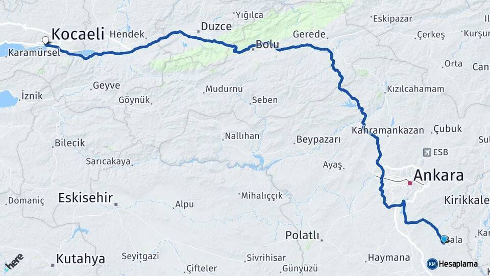Ankara Bala İzmit Kocaeli Arası Kaç Km - Yol Haritası