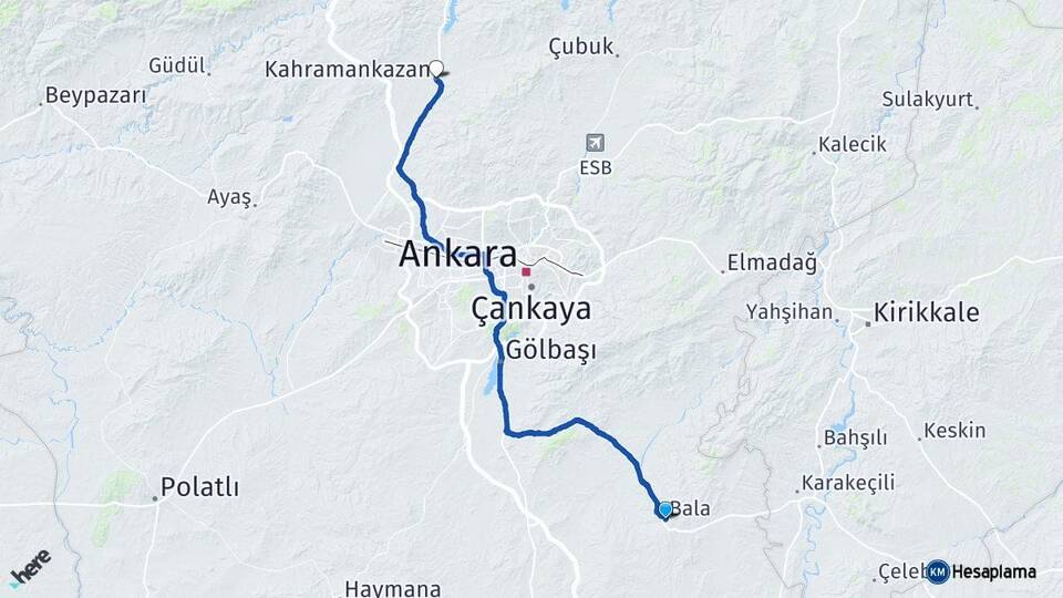 Ankara Bala Kahramankazan Arası Kaç Km - Yol Haritası