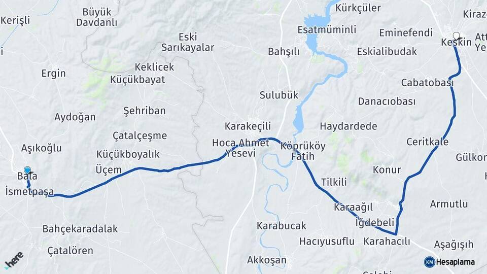 Ankara Bala Keskin Kırıkkale Arası Kaç Km - Yol Haritası