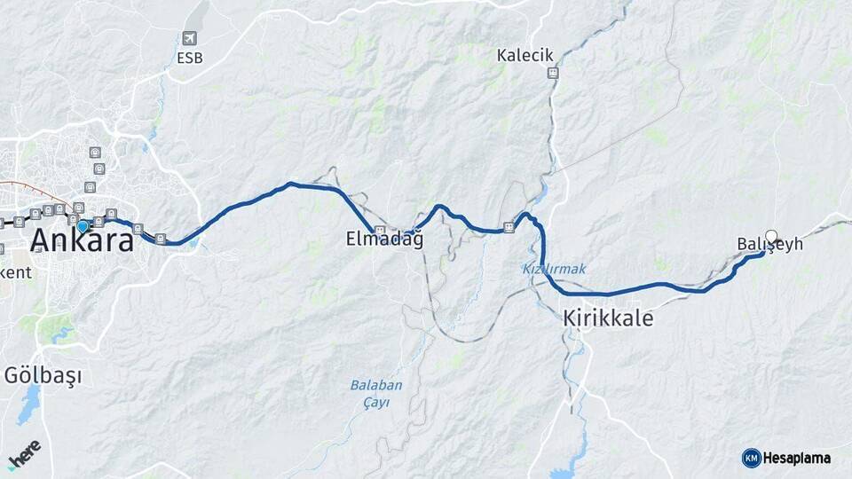 Ankara Balışeyh Kırıkkale Arası Kaç Km - Yol Haritası