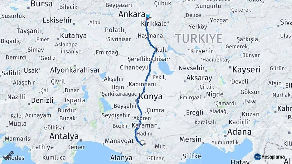 Ankara Başyayla Karaman Arası Kaç Km - Yol Haritası