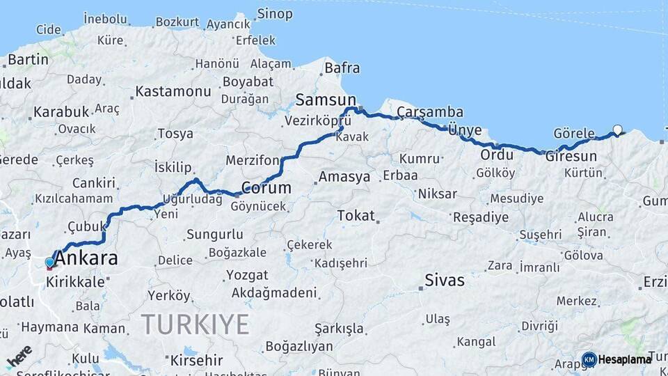 Ankara Beşikdüzü Trabzon Arası Kaç Km - Yol Haritası