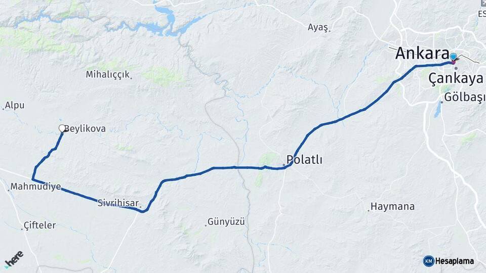 Ankara Beylikova Eskişehir Arası Kaç Km - Yol Haritası