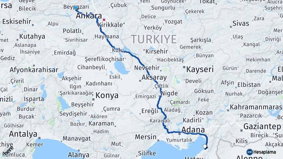 Ankara Beypazarı İskenderun Hatay Arası Kaç Km - Yol Haritası