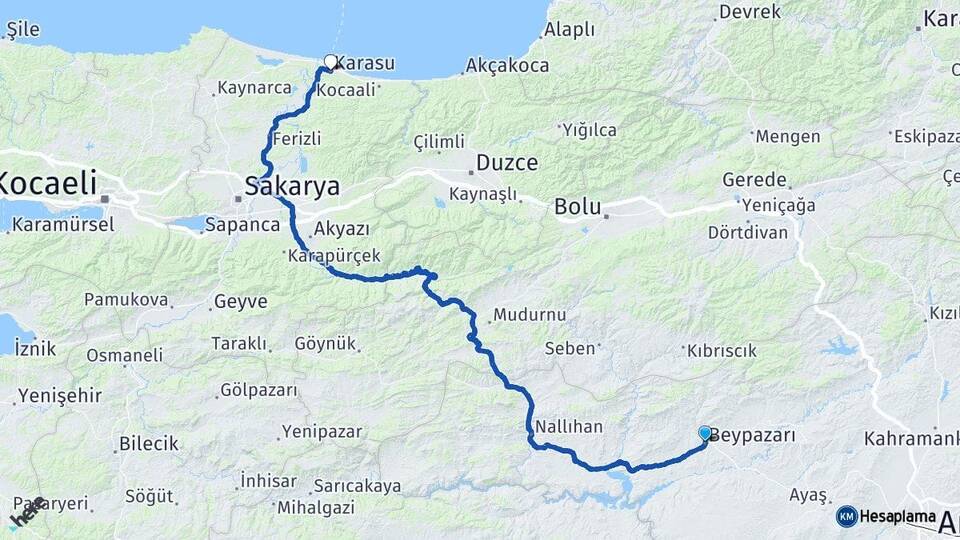 Ankara Beypazarı Karasu Sakarya Arası Kaç Km - Yol Haritası
