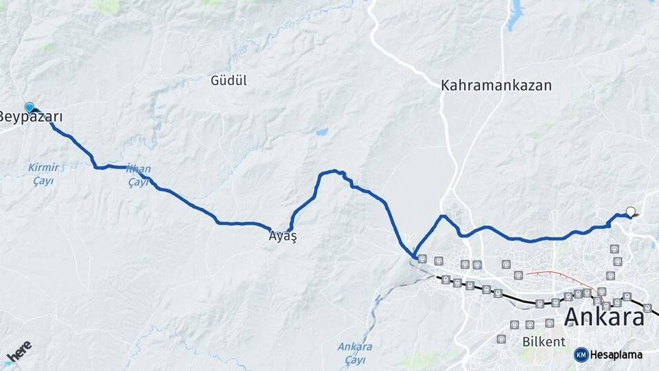 Ankara Beypazarı Pursaklar Arası Kaç Km - Yol Haritası