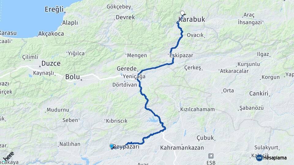 Ankara Beypazarı Safranbolu Karabük Arası Kaç Km - Yol Haritası