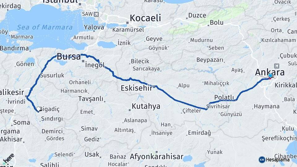 Ankara Bigadiç Balıkesir Arası Kaç Km - Yol Haritası
