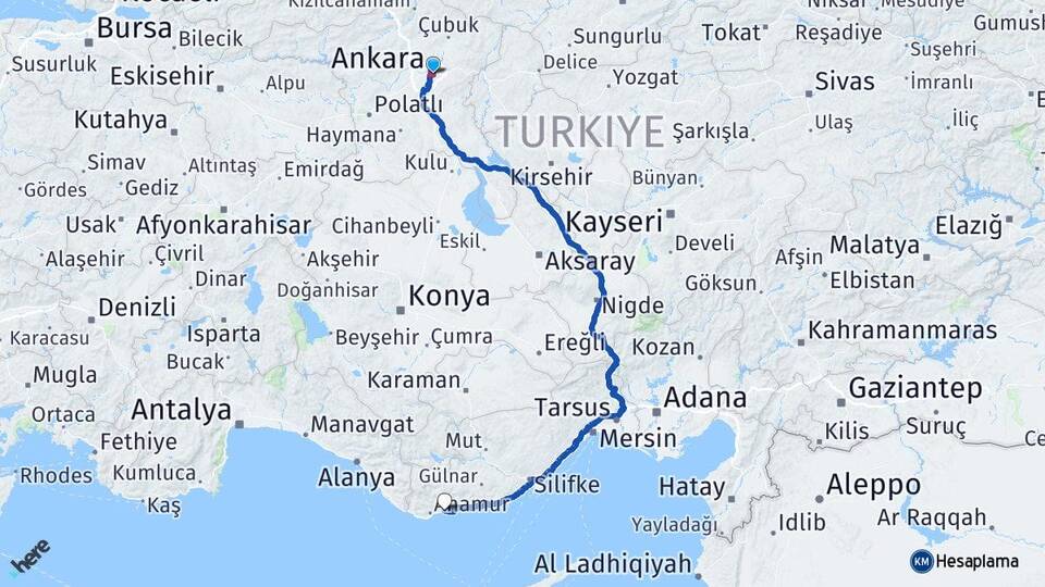 Ankara Bozyazı Mersin Arası Kaç Km - Yol Haritası