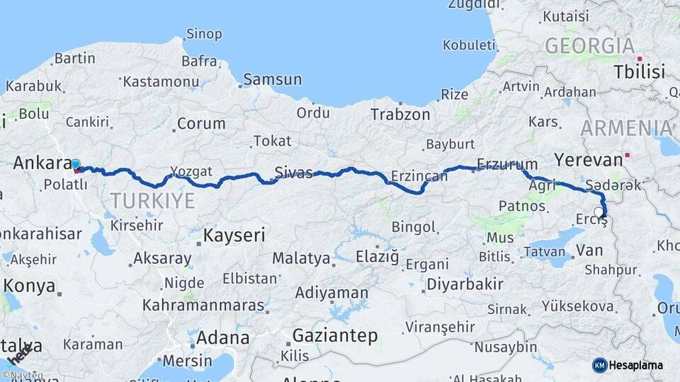 Ankara Çaldıran Van Arası Kaç Km - Yol Haritası